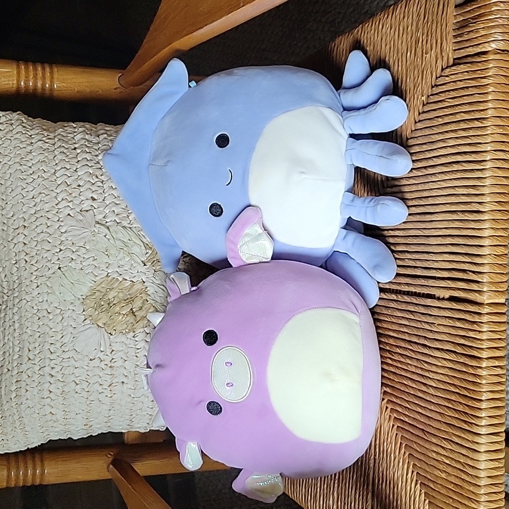 Stacy the squid and Dina the dinosaur Squishmallows. 8"
